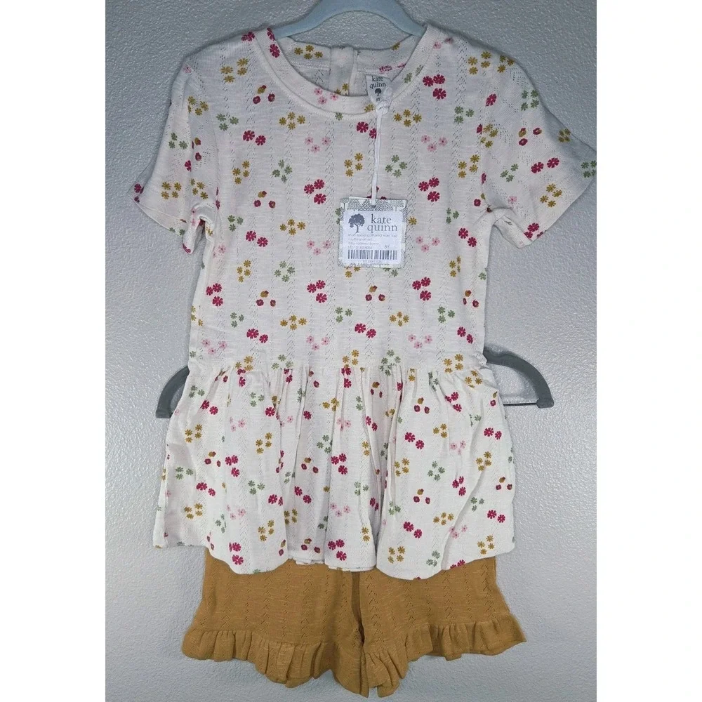 Kate Quinn Pointelle Ditsy Oatmeal Flower Peplum Top & Ruffle Shorts Set 8Y NWT